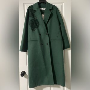 Zara Wool Green Coat Leaves Emboidred Oversized
